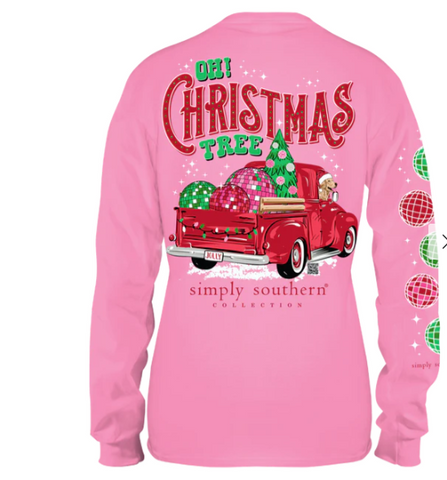 SIMPLY SOUTHERN 100% COTTON LONG SLEEVE T-SHIRT - 'OH CHRISTMAS TREE' WITH VINTAGE TRUCK, DISCO BALL