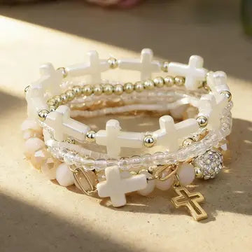 Cross Charm Mixed Beaded Bracelet Set