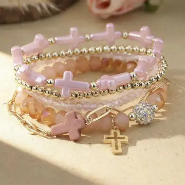 Cross Charm Mixed Beaded Bracelet Set