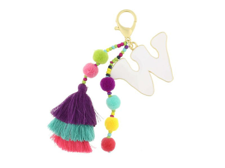 ENAMEL INITIAL MULTI BEADED STRANDS, POMS, STACKED TASSEL KEYCHAIN
