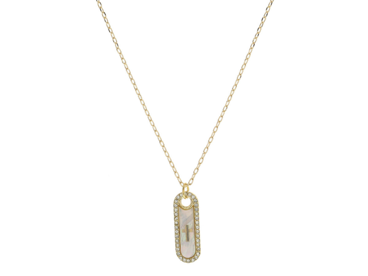 VERTICAL GOLD CROSS IN SHELL INLAY OVAL WITH CRYSTAL EDGE NECKLACE