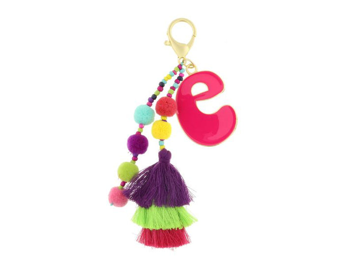 ENAMEL INITIAL MULTI BEADED STRANDS, POMS, STACKED TASSEL KEYCHAIN