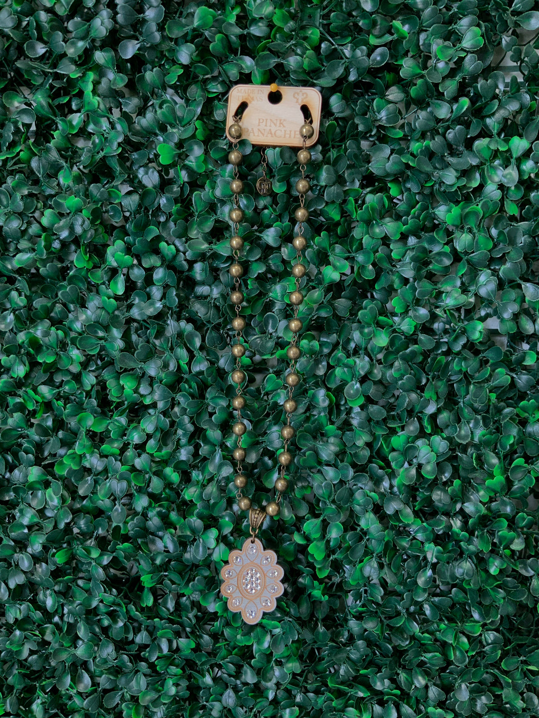 N238 Scalloped wood Necklace with Austrian crystals