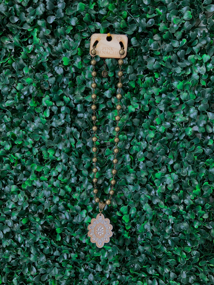 N238 Scalloped wood Necklace with Austrian crystals