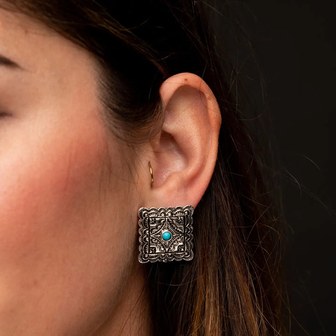 Silver Stamped Square Post Earrings w/ Turquoise
