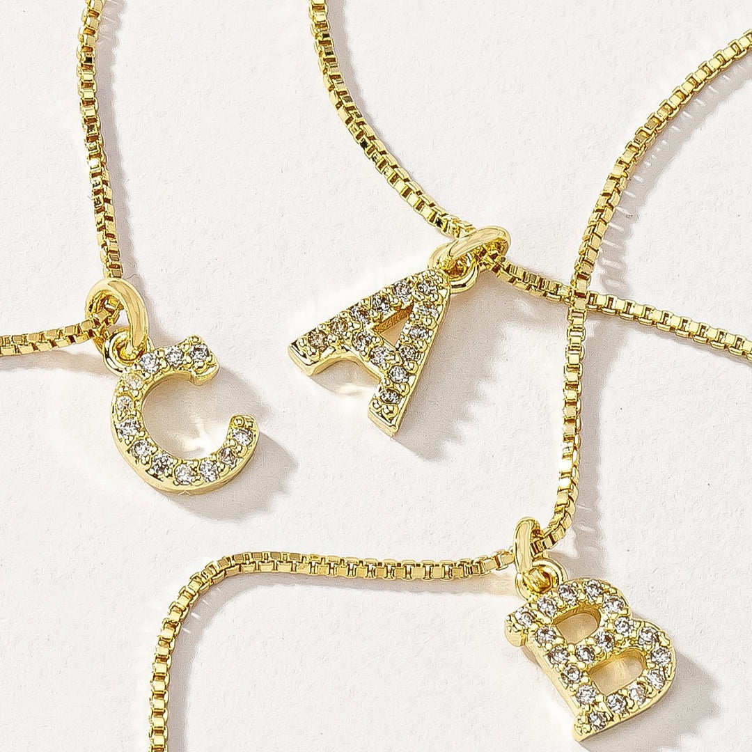 Gold pave rhinestone initial box chain necklace