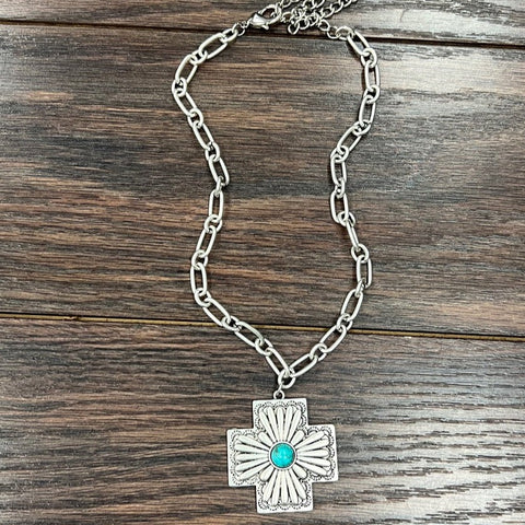 Boho Concho Cross Turquoise Necklace