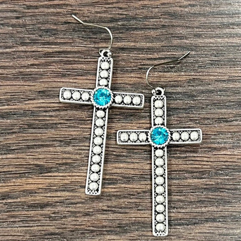 Turquoise Crystal Cross Earrings