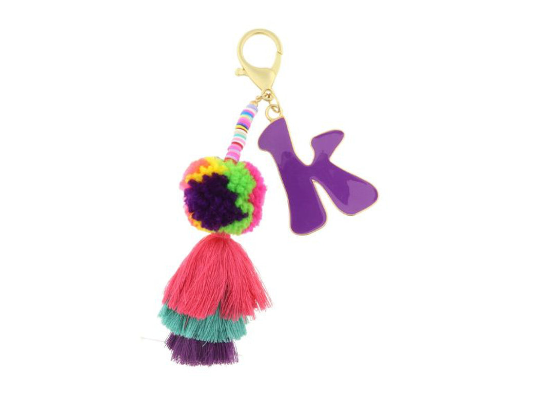 ENAMEL INITIAL MULTI BEADED STRANDS, POMS, STACKED TASSEL KEYCHAIN