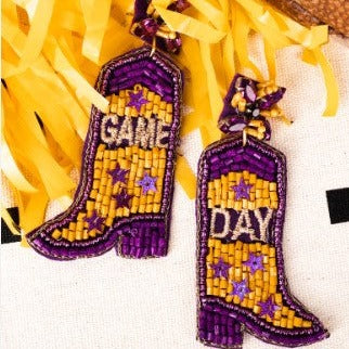 YELLOW AND PURPLE 'GAME DAY' BOOTS SEED BEAD EARRINGS