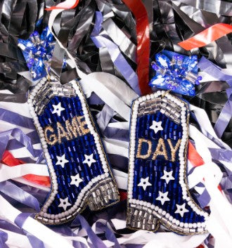 BLUE AND WHITE 'GAME DAY' BOOTS SEED BEAD EARRINGS