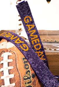PURPLE AND GOLD SEQUIN AND SEED BEAD BAG STRAPS