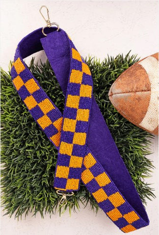 PURPLE AND GOLD CHECKERBOARD SEED BEAD BAG STRAP