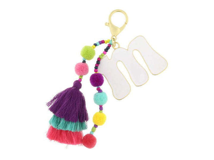 ENAMEL INITIAL MULTI BEADED STRANDS, POMS, STACKED TASSEL KEYCHAIN