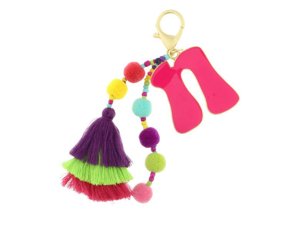 ENAMEL INITIAL MULTI BEADED STRANDS, POMS, STACKED TASSEL KEYCHAIN