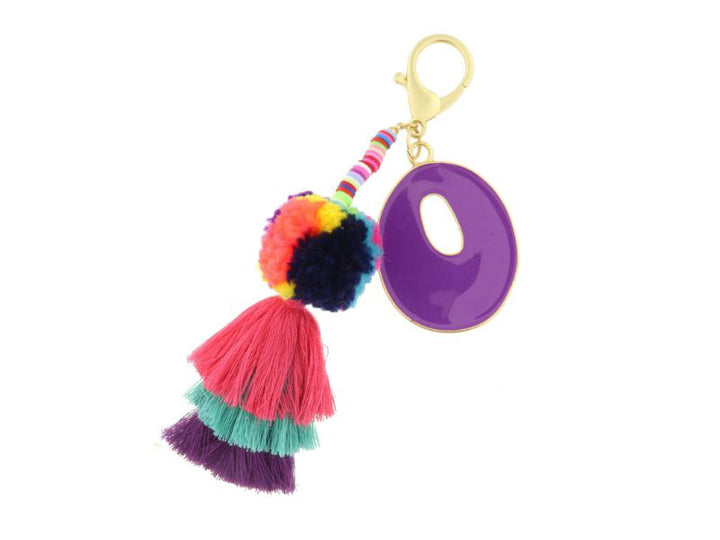 ENAMEL INITIAL MULTI BEADED STRANDS, POMS, STACKED TASSEL KEYCHAIN
