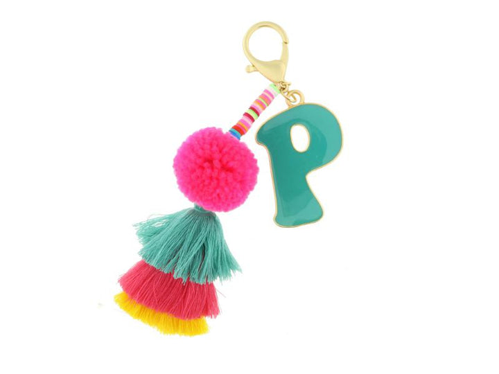 ENAMEL INITIAL MULTI BEADED STRANDS, POMS, STACKED TASSEL KEYCHAIN