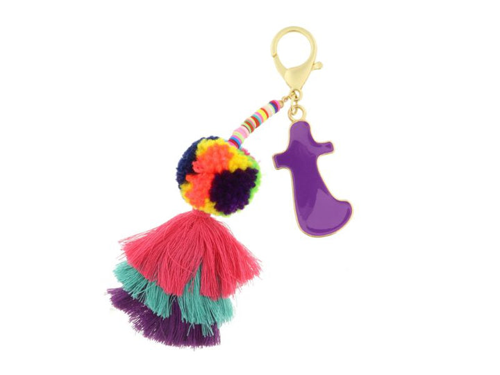 ENAMEL INITIAL MULTI BEADED STRANDS, POMS, STACKED TASSEL KEYCHAIN