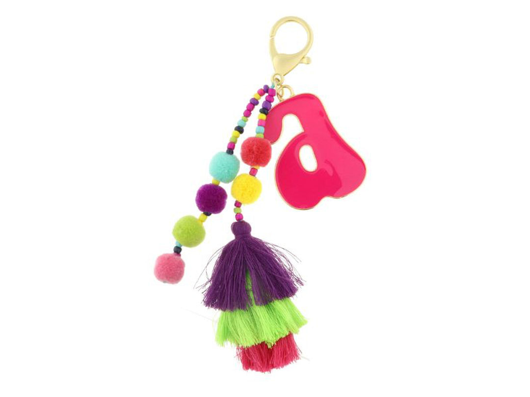 ENAMEL INITIAL MULTI BEADED STRANDS, POMS, STACKED TASSEL KEYCHAIN