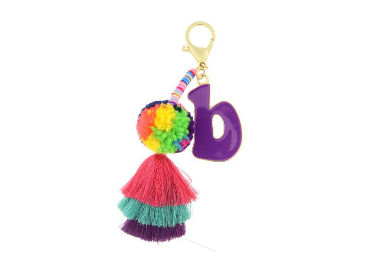 ENAMEL INITIAL MULTI BEADED STRANDS, POMS, STACKED TASSEL KEYCHAIN