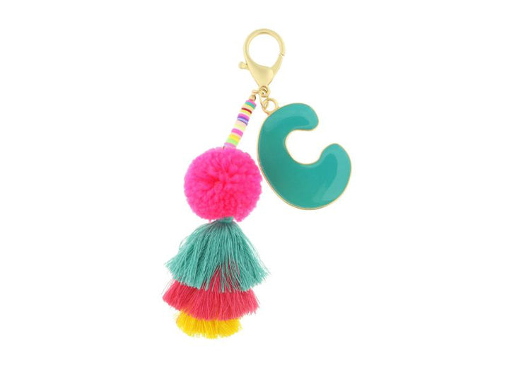 ENAMEL INITIAL MULTI BEADED STRANDS, POMS, STACKED TASSEL KEYCHAIN