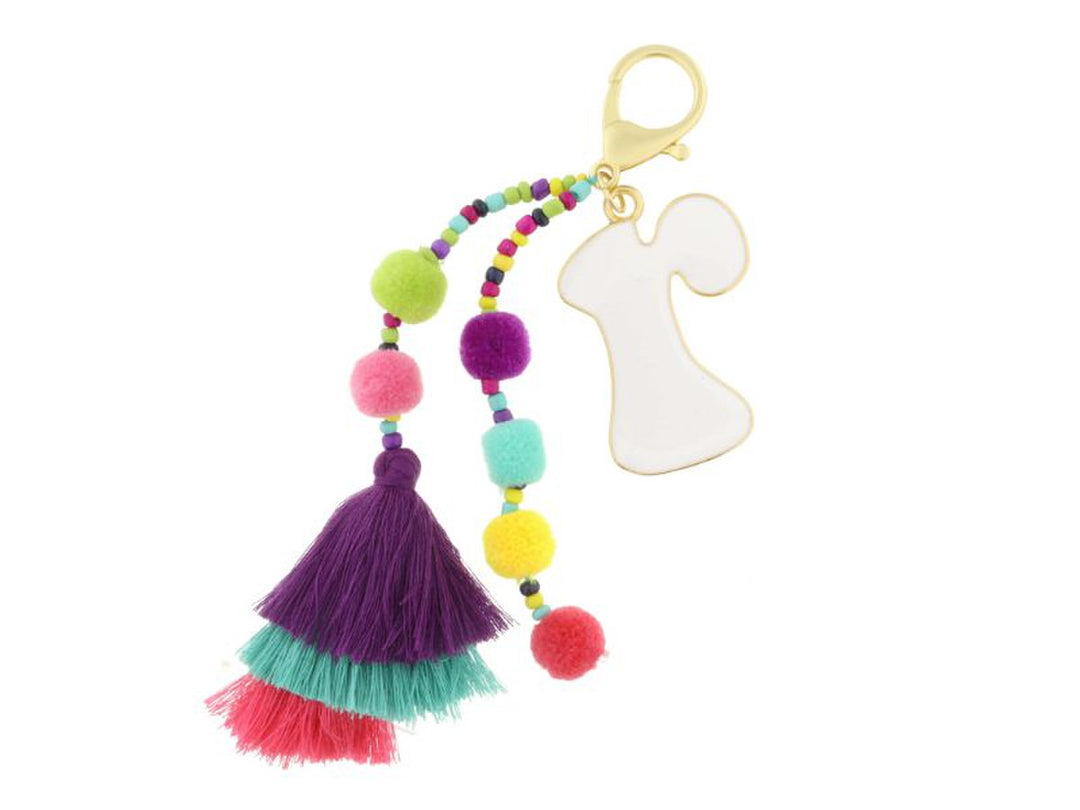 ENAMEL INITIAL MULTI BEADED STRANDS, POMS, STACKED TASSEL KEYCHAIN
