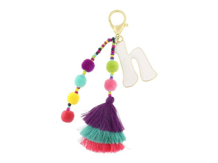 ENAMEL INITIAL MULTI BEADED STRANDS, POMS, STACKED TASSEL KEYCHAIN