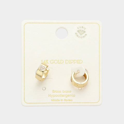 Gold Dipped CZ Stone Heart Paved Huggie Metal Hoop Earrings