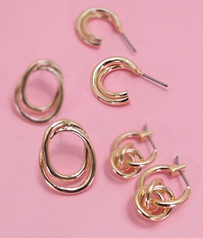 SWIRL TRIO HOOP HUGGIE STUD EARRINGS