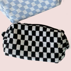 Checkered Pattern Make Up Bag Zipper Top Handle, Cosmetic Bag