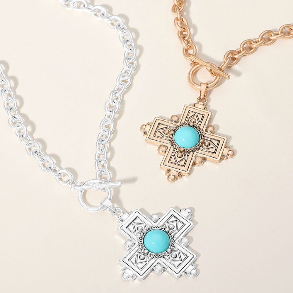 Turquoise Stone Accented Cross Pendant Chunky Chain Necklace