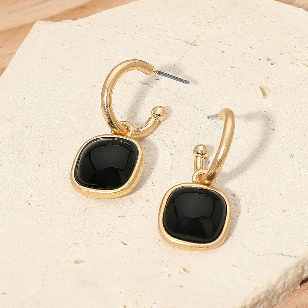 Square Stone Drop Hoop Earrings