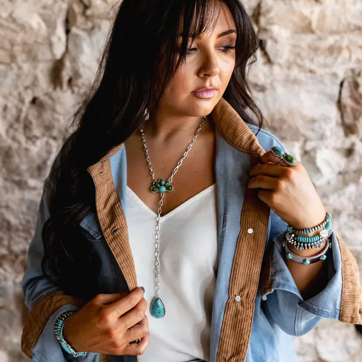 Turquoise & Green Half Flower Y Necklace