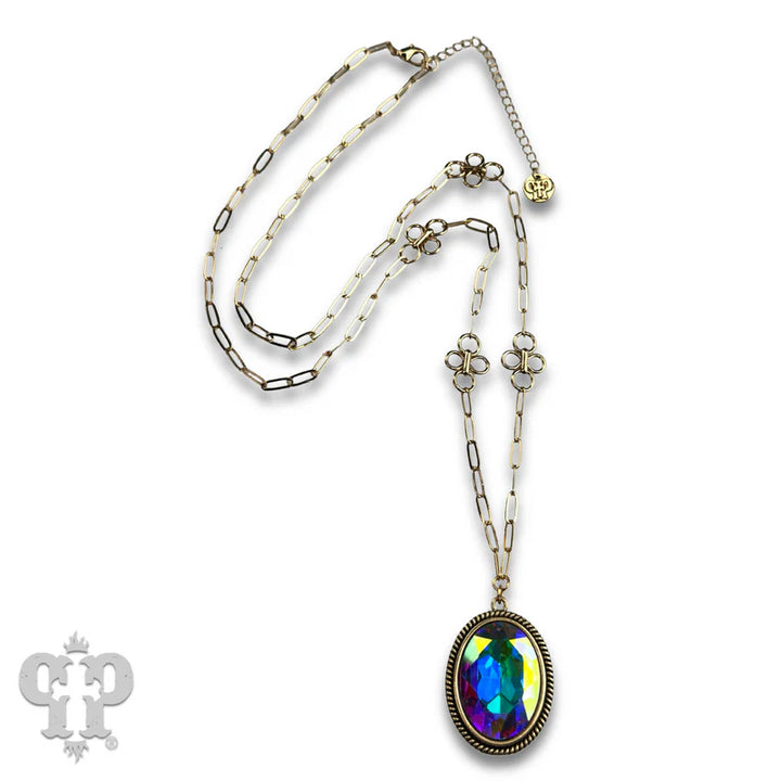 N525 Large oval crystal pendant and flower chain necklace