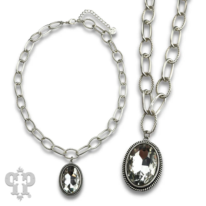 N526 Large oval crystal pendant on chunky chain necklace