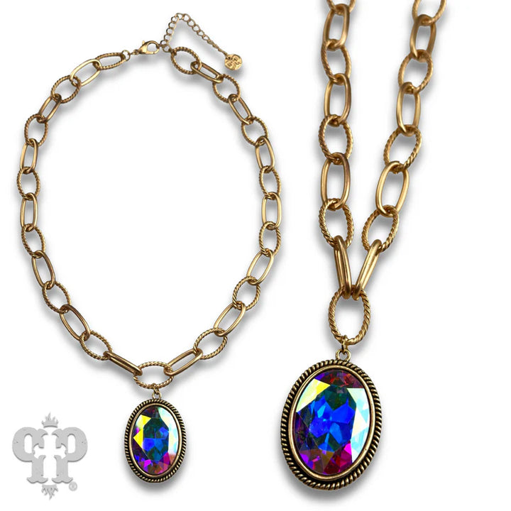 N526 Large oval crystal pendant on chunky chain necklace