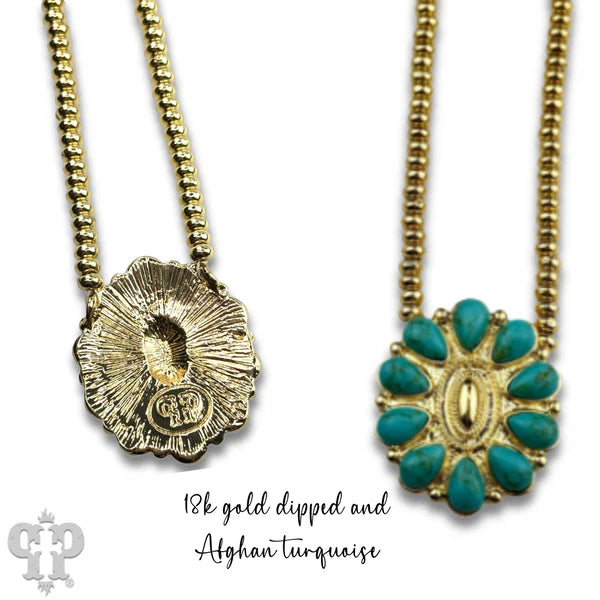 N522 Turquoise concho pendant and 18k gold dipped bead choker necklace