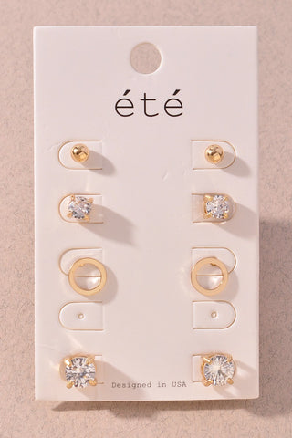 4-Set Round Post Gold Earrings