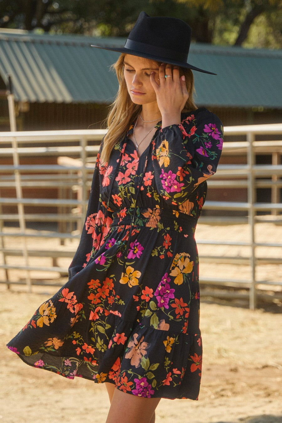 Jess Floral Printed Long Sleeve Dress -Black