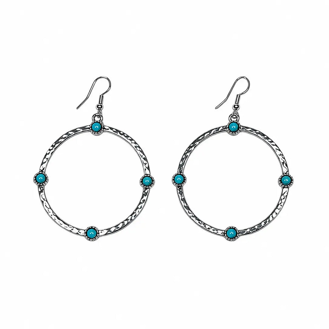 Hammered Hoop Earrings On Fishhook w/ Turquoise Accents