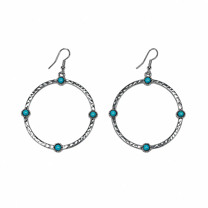 Hammered Hoop Earrings On Fishhook w/ Turquoise Accents