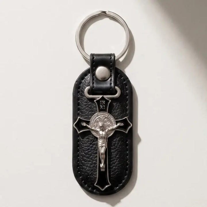 Leather Crucifix Keychain Fob Black, the Power of the Cross