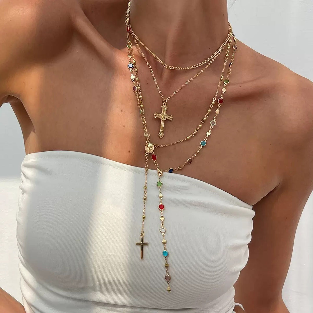 Boho Multi Stone Cross Lariat Layer Necklace