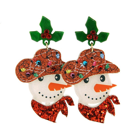 Christmas Earring Glitter Resin Western Hat Snowman
