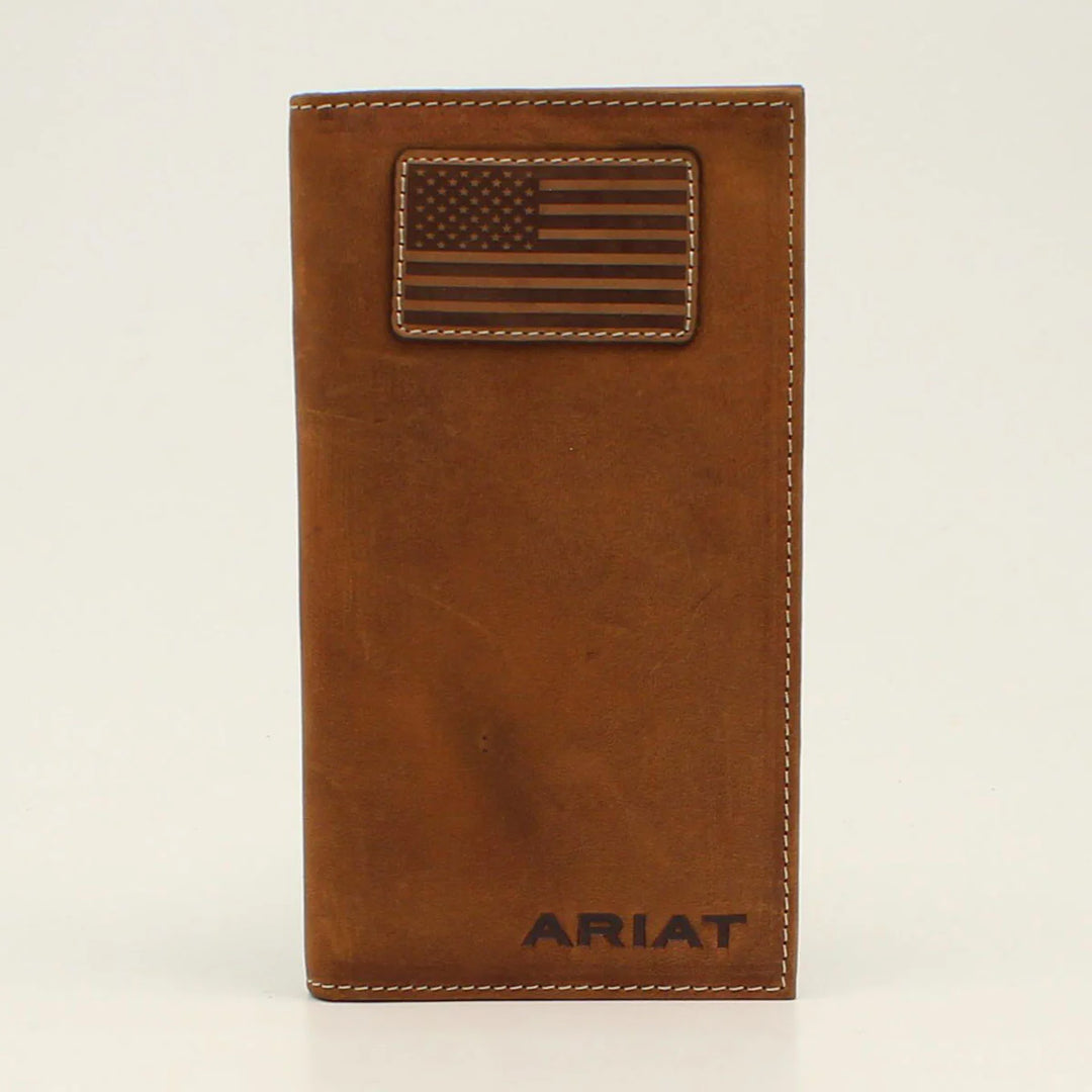 Ariat Men's Brown Flag Patch Checkbook Leather Rodeo Wallet A3548344