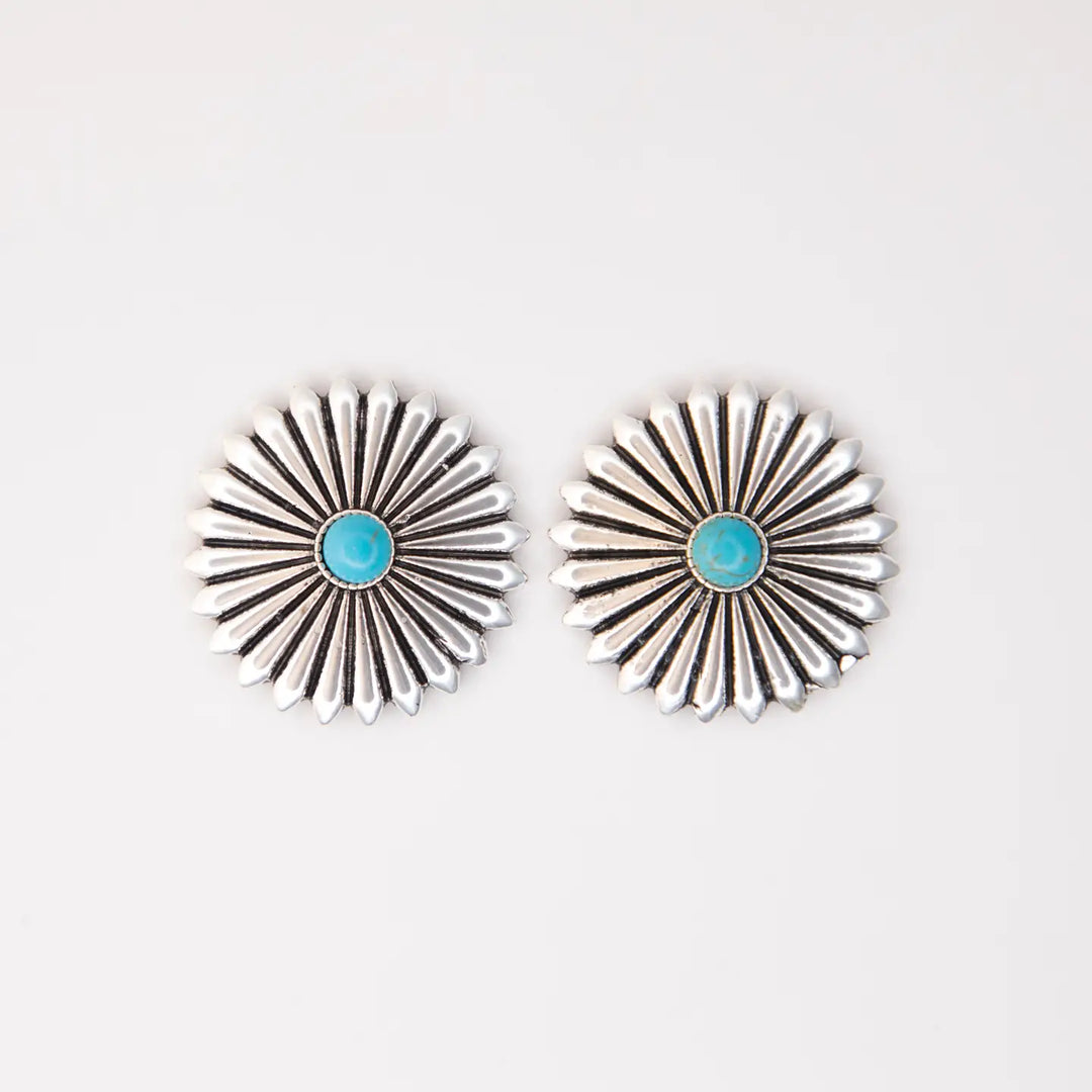 1.25" Silver Conco Burst Post Earrings w/ Turquoise Accent