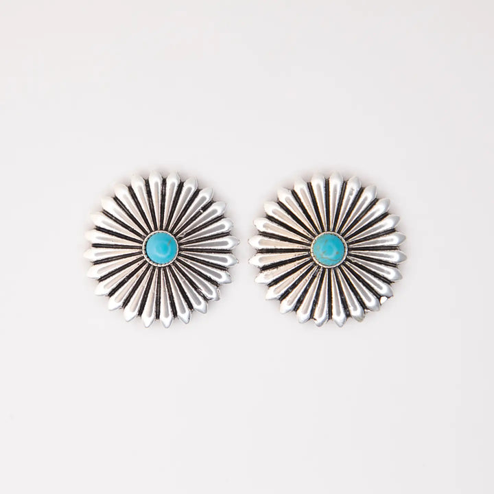 1.25" Silver Conco Burst Post Earrings w/ Turquoise Accent