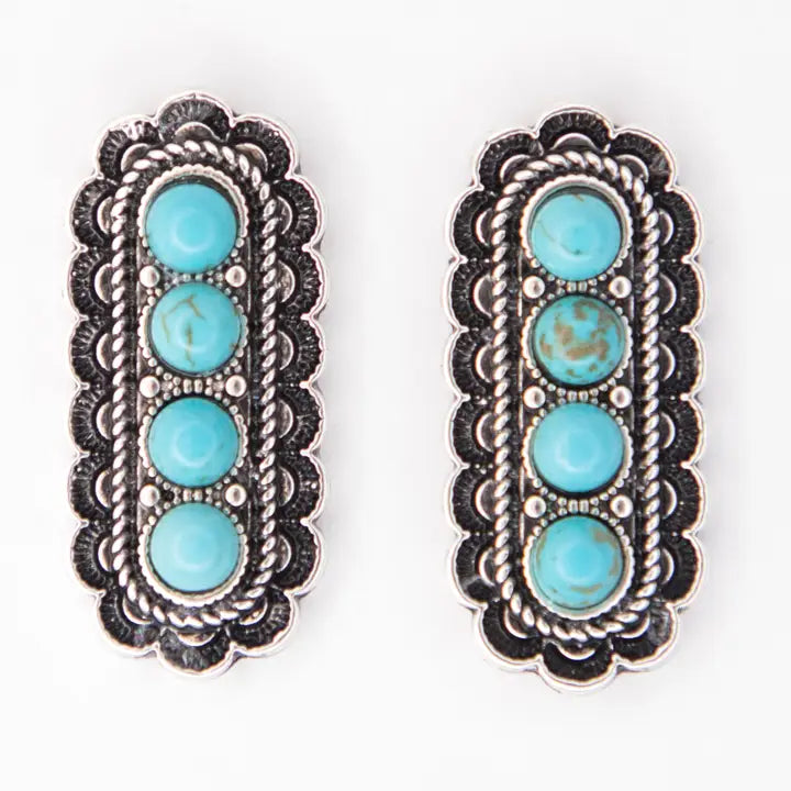 1" Turquoise & Silver 4 Stone Stamped Post Earrings