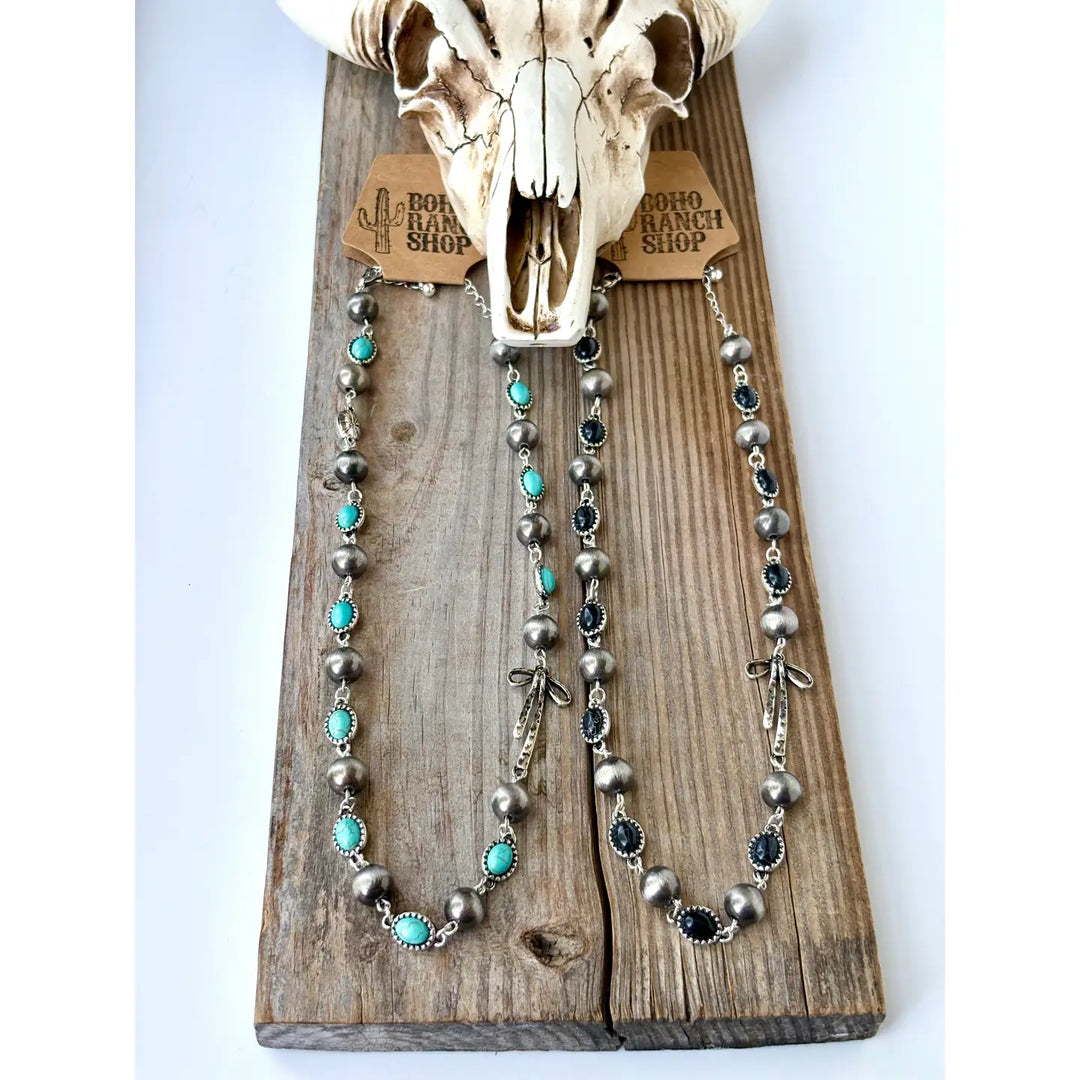 Western Style Pearl Stone Coquette Bow Necklace