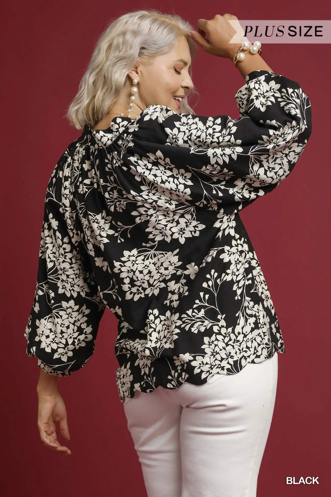 Black Cherry Blossom Print Scalloped Hem Blouse
